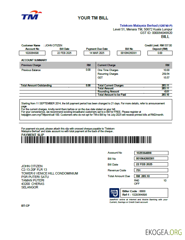 Malaysia Telekom utility bill template in Word and PDF formats